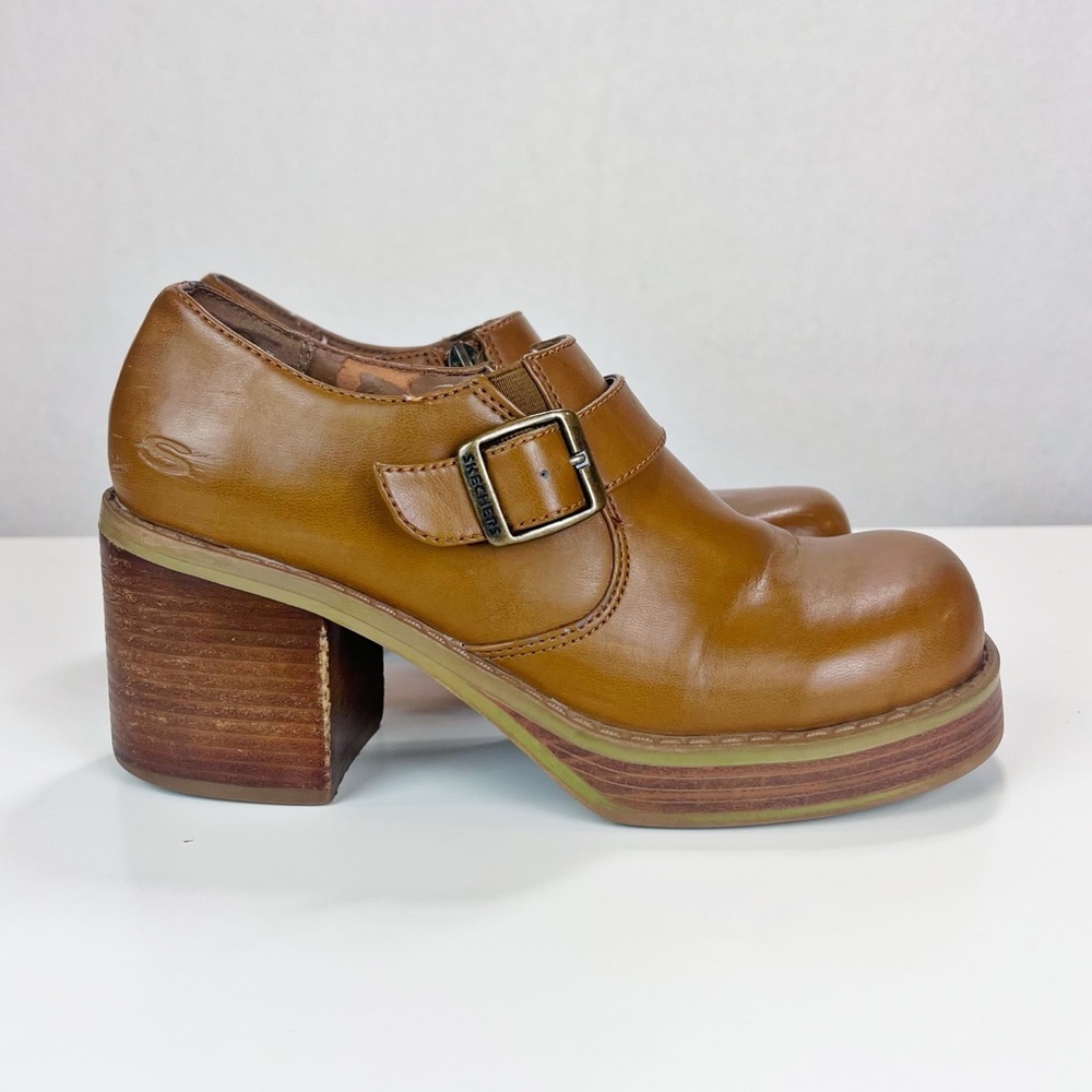 Vintage Sketchers Platform Heeled Oxfords‎ Size 7.5 Tan Y2K Buckle Chunky